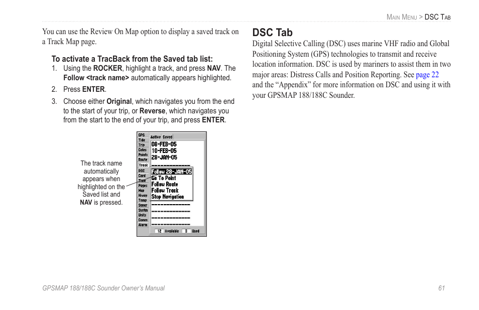 Dsc tab | Garmin GPSMAP 188C Sounder User Manual | Page 67 / 126