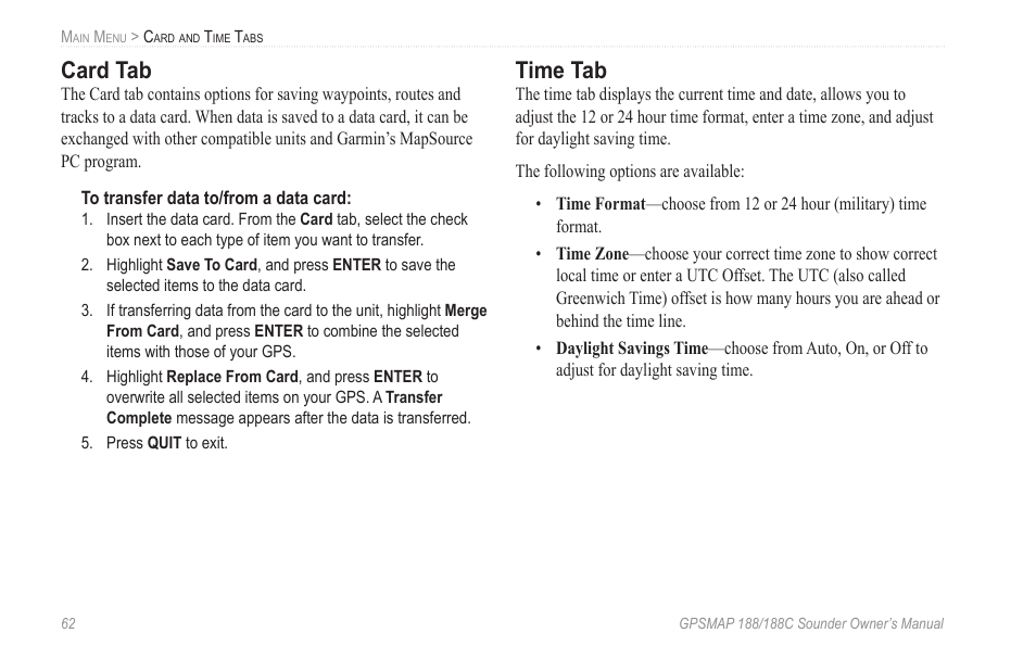 Card tab, Time tab | Garmin GPSMAP 188C Sounder User Manual | Page 68 / 126