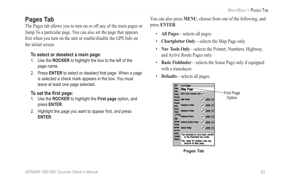 Pages tab | Garmin GPSMAP 188C Sounder User Manual | Page 69 / 126