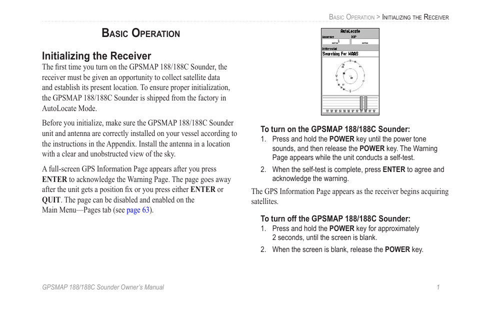 Basic operation, Initializing the receiver | Garmin GPSMAP 188C Sounder User Manual | Page 7 / 126