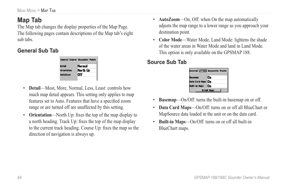 Map tab, General sub tab, Source sub tab | Garmin GPSMAP 188C Sounder User Manual | Page 70 / 126