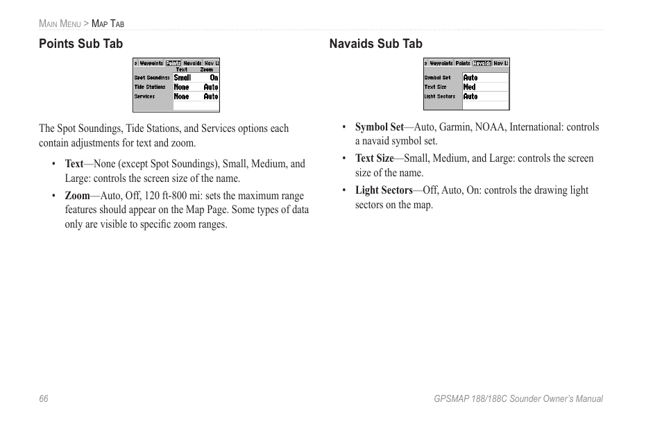 Points sub tab, Navaids sub tab | Garmin GPSMAP 188C Sounder User Manual | Page 72 / 126