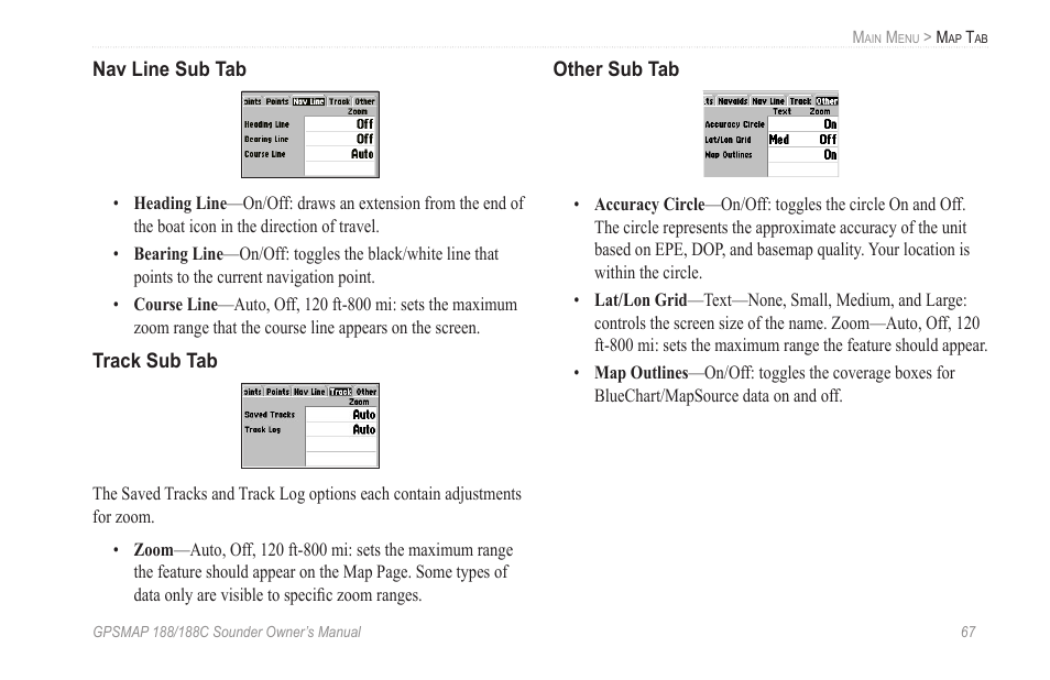 Nav line sub tab, Track sub tab, Other sub tab | Garmin GPSMAP 188C Sounder User Manual | Page 73 / 126