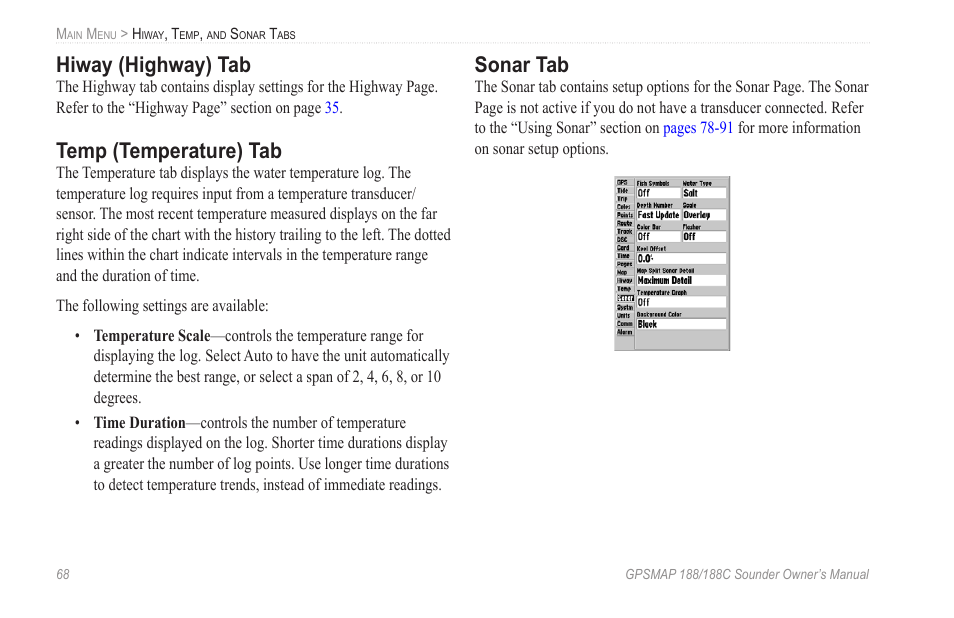 Hiway (highway) tab, Temp (temperature) tab, Sonar tab | Garmin GPSMAP 188C Sounder User Manual | Page 74 / 126