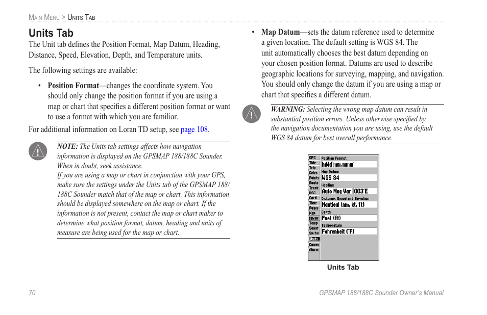 Units tab | Garmin GPSMAP 188C Sounder User Manual | Page 76 / 126