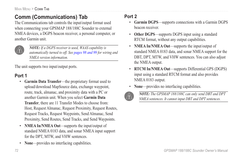 Comm (communications) tab | Garmin GPSMAP 188C Sounder User Manual | Page 78 / 126