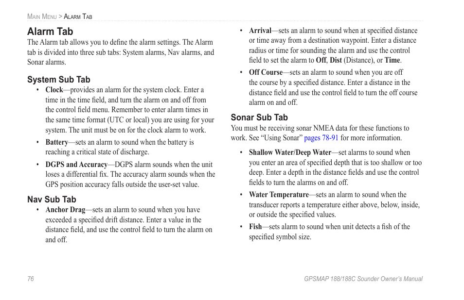 Alarm tab | Garmin GPSMAP 188C Sounder User Manual | Page 82 / 126