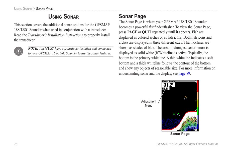 Using sonar, Sonar page | Garmin GPSMAP 188C Sounder User Manual | Page 84 / 126