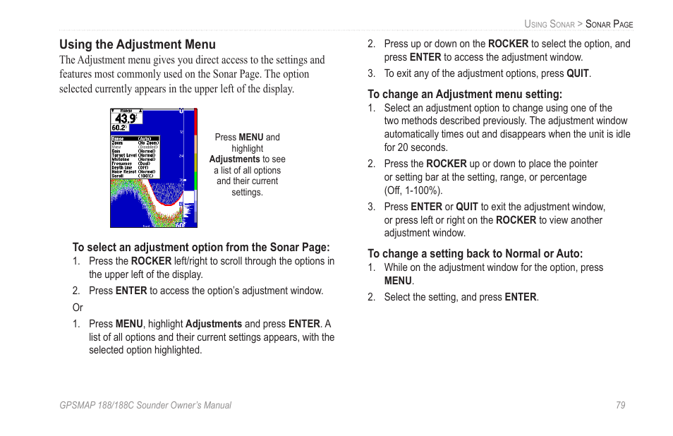 Using the adjustment menu | Garmin GPSMAP 188C Sounder User Manual | Page 85 / 126