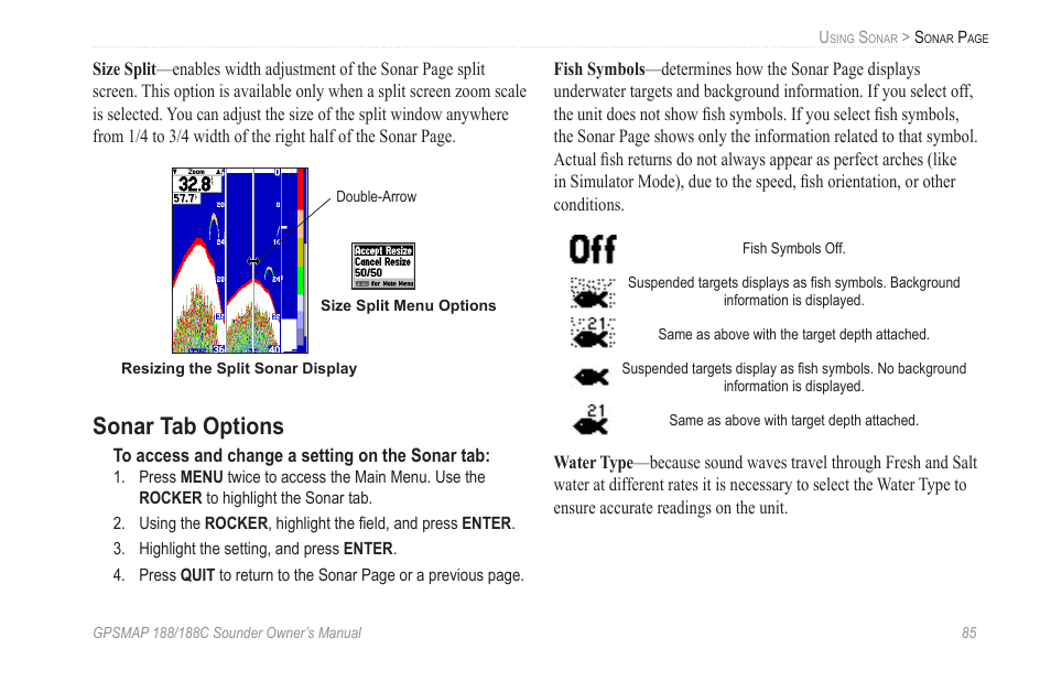 Sonar tab options | Garmin GPSMAP 188C Sounder User Manual | Page 91 / 126