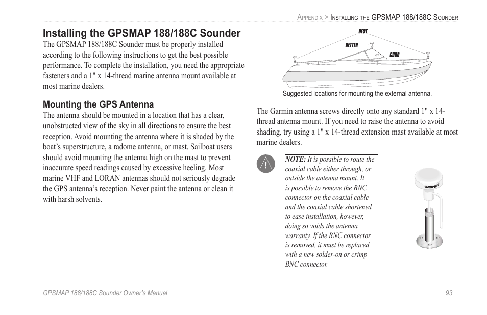 Installing the gpsmap 188/188c sounder | Garmin GPSMAP 188C Sounder User Manual | Page 99 / 126