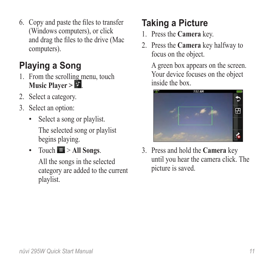 Playing a song, Taking a picture | Garmin nuvi 295W User Manual | Page 11 / 16