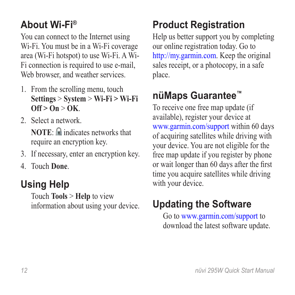 About wi-fi, Using help, Product registration | Nümaps guarantee, Updating the software | Garmin nuvi 295W User Manual | Page 12 / 16