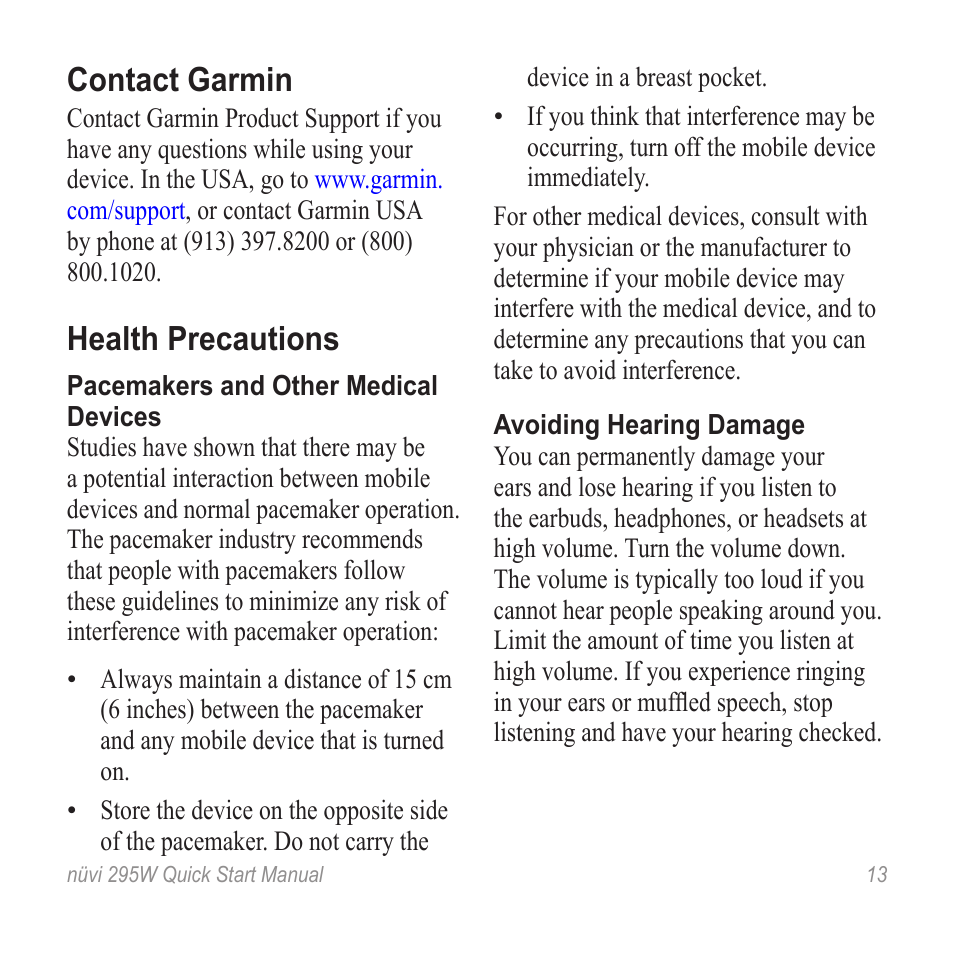 Contact garmin, Health precautions | Garmin nuvi 295W User Manual | Page 13 / 16