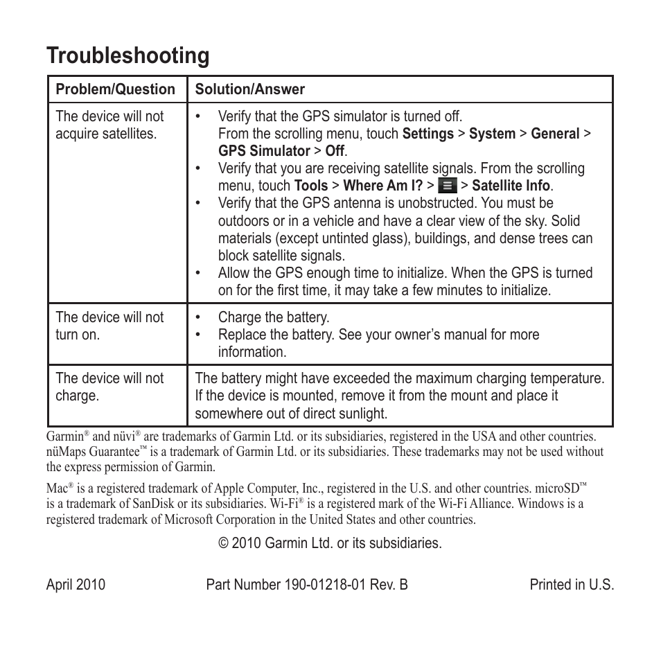 Troubleshooting | Garmin nuvi 295W User Manual | Page 16 / 16