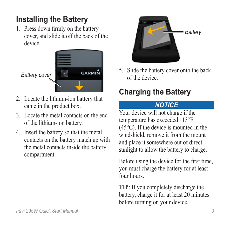 Installing the battery, Charging the battery | Garmin nuvi 295W User Manual | Page 3 / 16