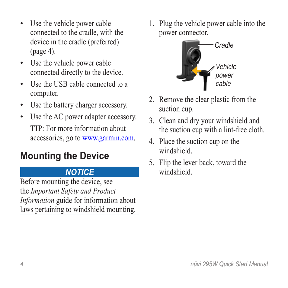 Mounting the device | Garmin nuvi 295W User Manual | Page 4 / 16