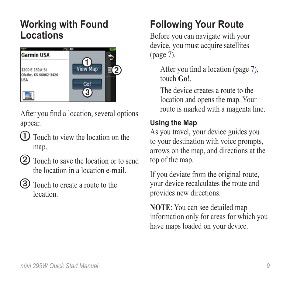 Working with found locations, Following your route | Garmin nuvi 295W User Manual | Page 9 / 16