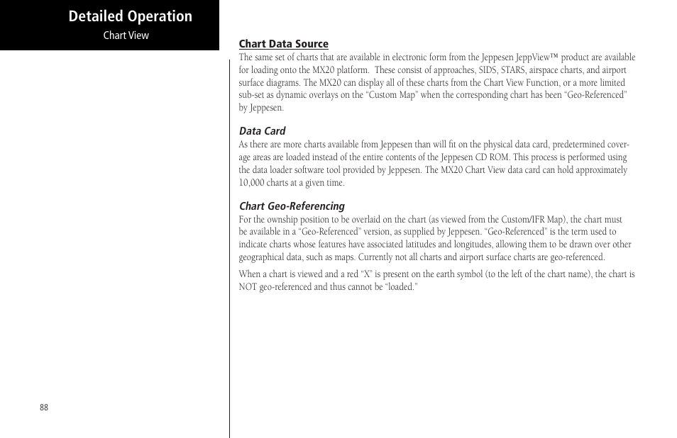 Chart data source, Data card, Chart geo-referencing | Data card chart geo-referencing, Detailed operation | Garmin MX20 User Manual | Page 100 / 152