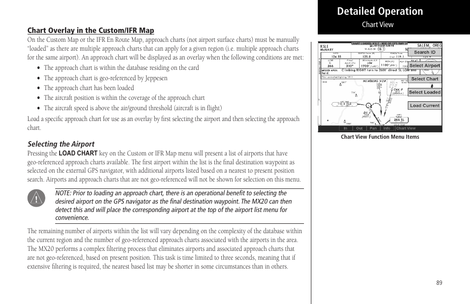 Chart overlay in the custom/ifr map, Selecting the airport, Detailed operation | Garmin MX20 User Manual | Page 101 / 152