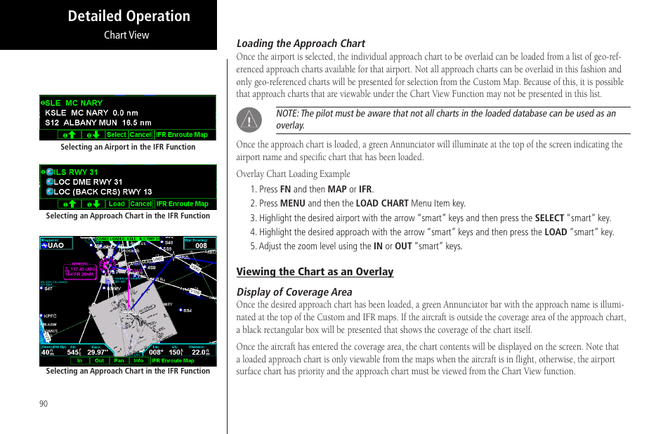 Loading the approach chart, Viewing the chart as an overlay, Display of coverage area | Detailed operation | Garmin MX20 User Manual | Page 102 / 152