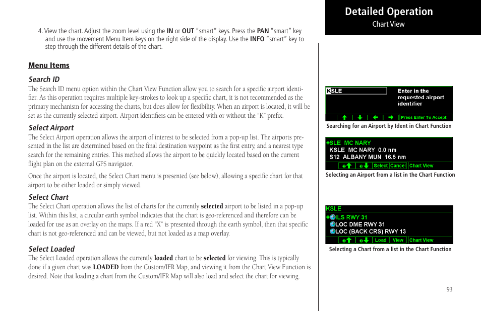 Menu items, Search id, Select airport | Select chart, Select loaded, Detailed operation | Garmin MX20 User Manual | Page 105 / 152