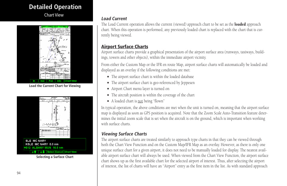 Load current, Airport surface charts, Viewing surface charts | Detailed operation | Garmin MX20 User Manual | Page 106 / 152