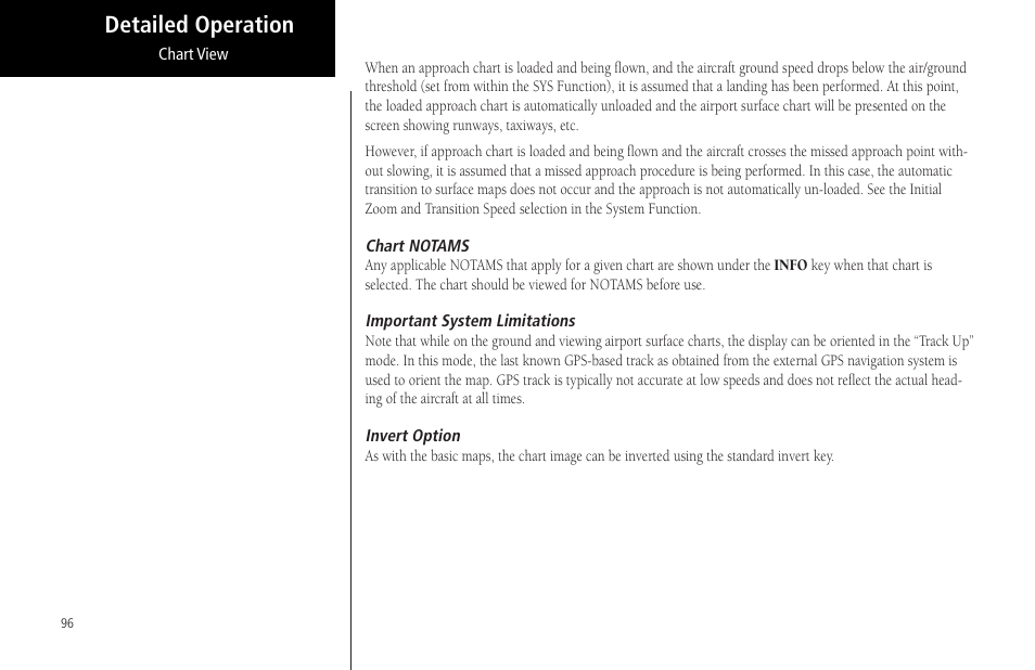 Chart notams, Important system limitations, Invert option | Detailed operation | Garmin MX20 User Manual | Page 108 / 152