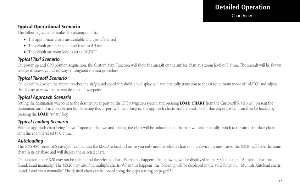 Typical operational scenario, Typical taxi scenario, Typical takeoff scenario | Typical approach scenario, Typical landing scenario, Autoloading, Detailed operation | Garmin MX20 User Manual | Page 109 / 152