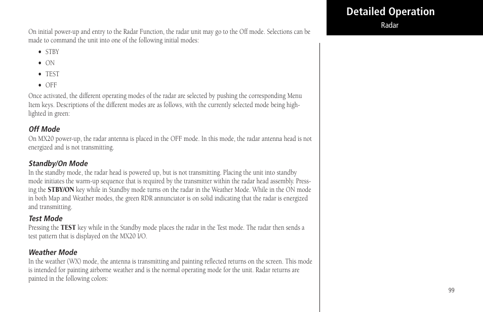 Off mode, Standby/on mode, Test mode | Weather mode, Off mode standby/on mode test mode weather mode, Detailed operation | Garmin MX20 User Manual | Page 111 / 152