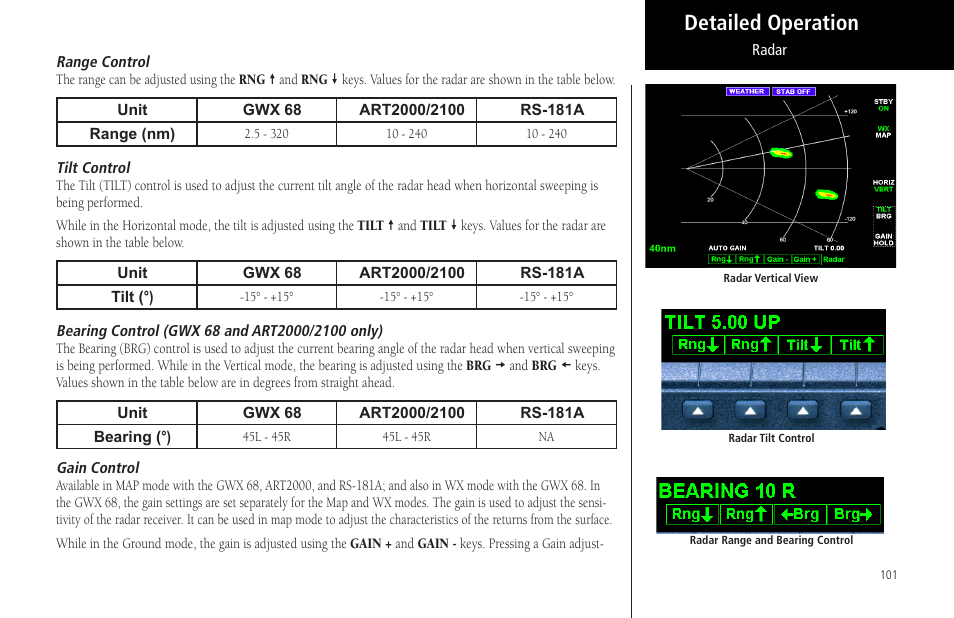 Range control, Tilt control, Bearing control (gwx 68 and art2000/2100 only) | Gain control, Only), Detailed operation | Garmin MX20 User Manual | Page 113 / 152