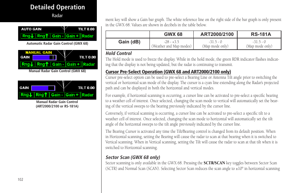 Hold control, Sector scan (gwx 68 only), Cursor pre-select operation (gwx 68 and | Art2000/2100 only) sector scan (gwx 68 only), Detailed operation | Garmin MX20 User Manual | Page 114 / 152