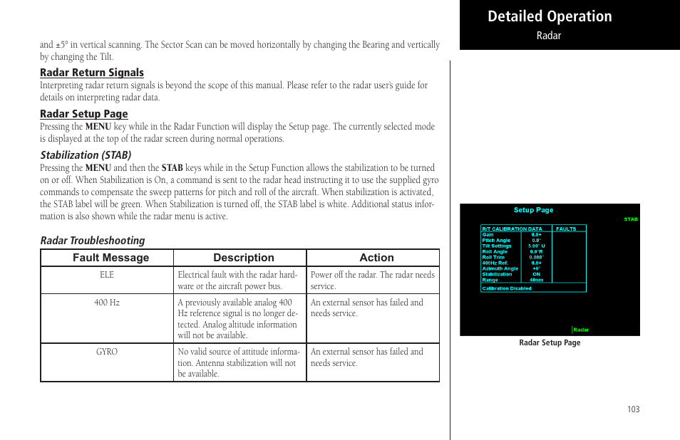 Stabilization (stab), Radar troubleshooting, Stabilization (stab) radar troubleshooting | Detailed operation | Garmin MX20 User Manual | Page 115 / 152