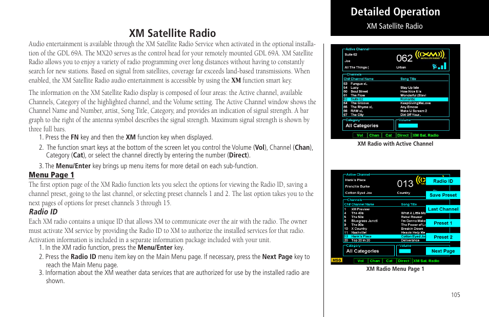 Xm satellite radio, Radio id, Detailed operation | Garmin MX20 User Manual | Page 117 / 152