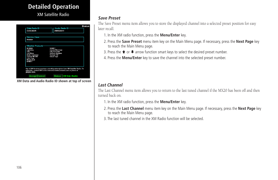 Save preset, Last channel, Save preset last channel | Detailed operation | Garmin MX20 User Manual | Page 118 / 152