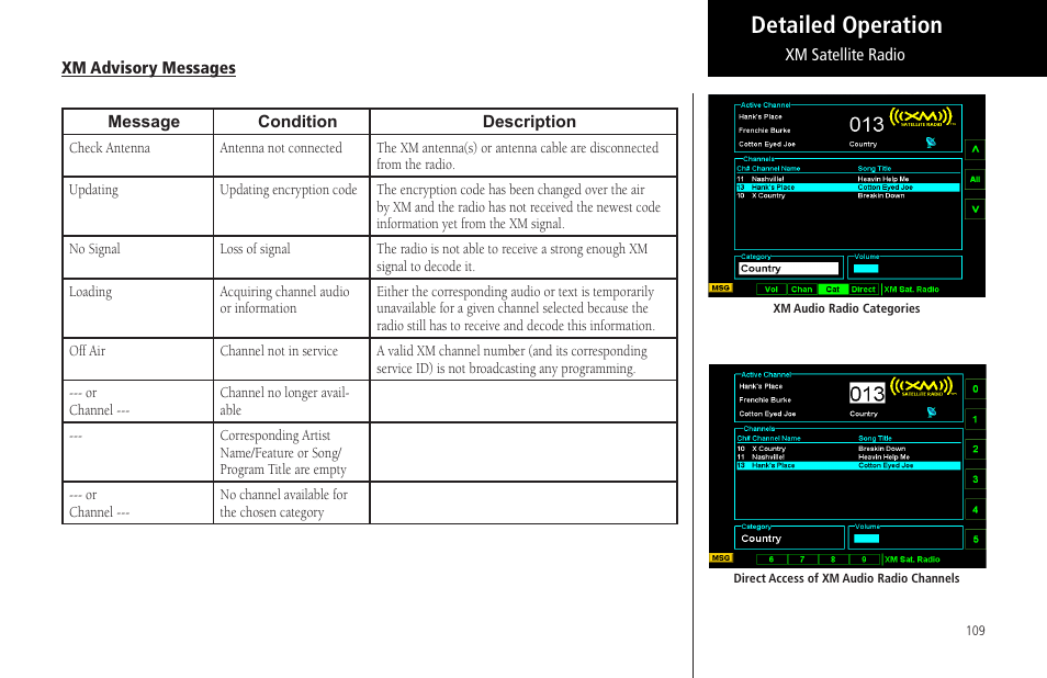 Xm advisory messages, Detailed operation | Garmin MX20 User Manual | Page 121 / 152