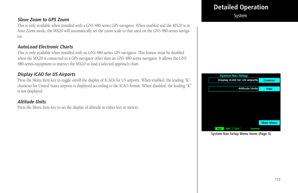 Slave zoom to gps zoom, Autoload electronic charts, Display icao for us airports | Altitude units, Detailed operation | Garmin MX20 User Manual | Page 125 / 152