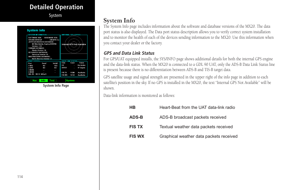 Gps and data link status, Detailed operation system info | Garmin MX20 User Manual | Page 126 / 152