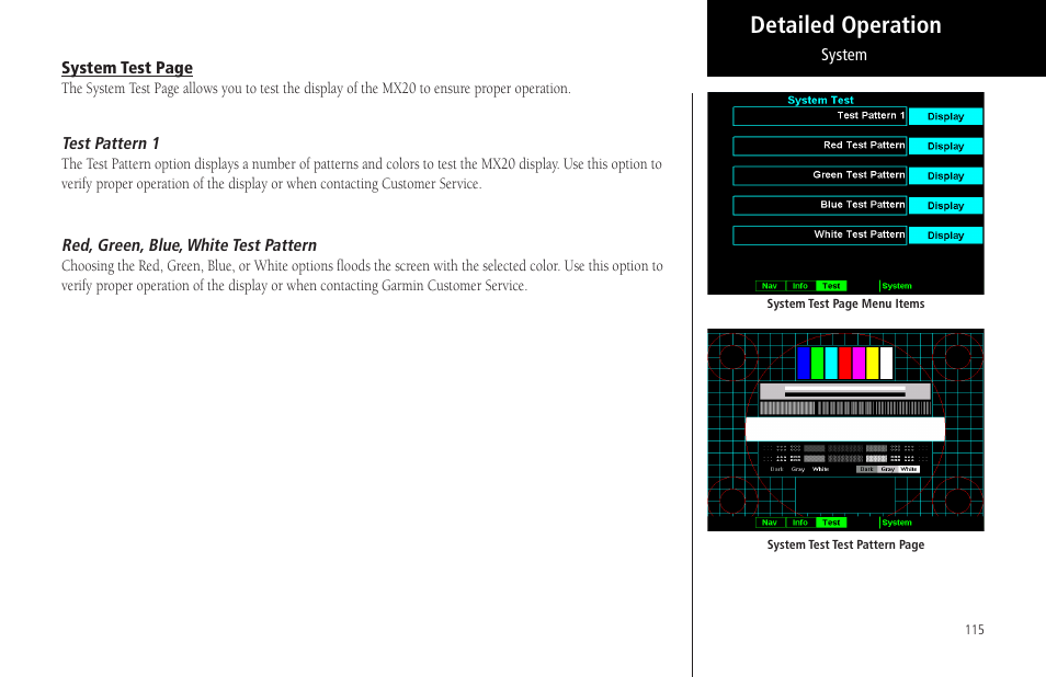 Test pattern 1, Red, green, blue, white test pattern, Detailed operation | Garmin MX20 User Manual | Page 127 / 152