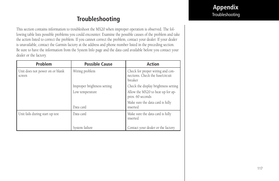 Troubleshooting, Appendix troubleshooting | Garmin MX20 User Manual | Page 129 / 152