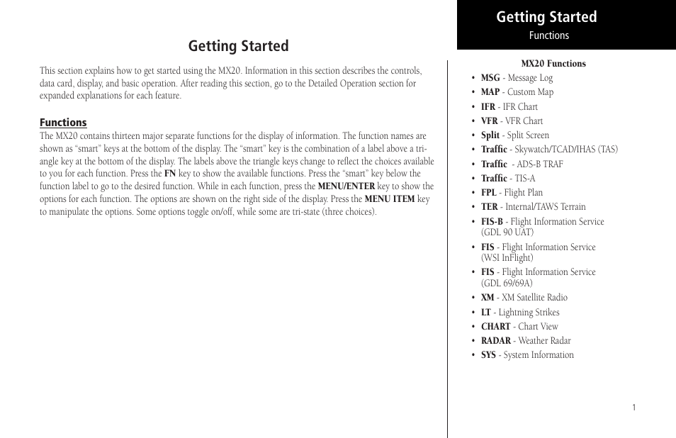 Getting started, Functions | Garmin MX20 User Manual | Page 13 / 152