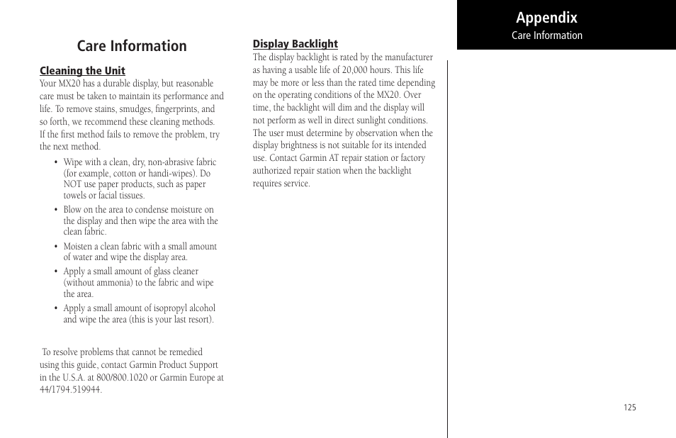 Care information, Cleaning the unit, Display backlight | Cleaning the unit display backlight, Appendix care information | Garmin MX20 User Manual | Page 137 / 152