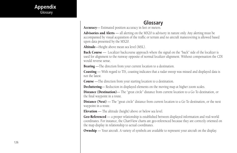 Glossary, Appendix glossary | Garmin MX20 User Manual | Page 138 / 152