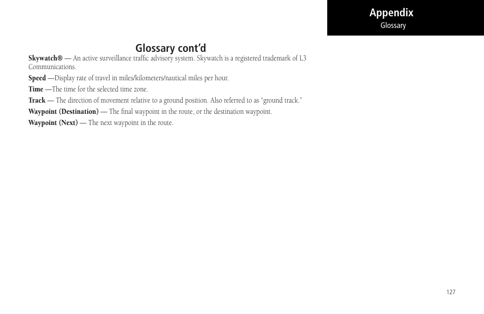 Glossary cont’d, Appendix glossary cont’d | Garmin MX20 User Manual | Page 139 / 152