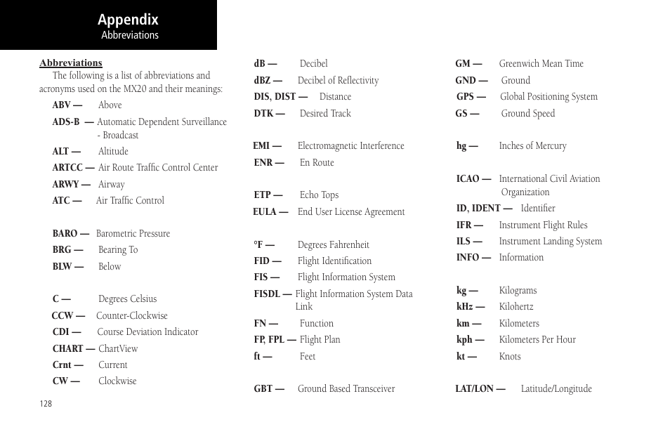 Appendix | Garmin MX20 User Manual | Page 140 / 152