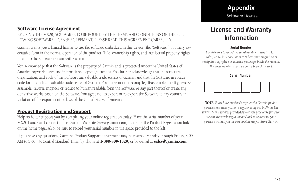 Software license agreement, Product registration and support, License and warranty information | Appendix | Garmin MX20 User Manual | Page 143 / 152