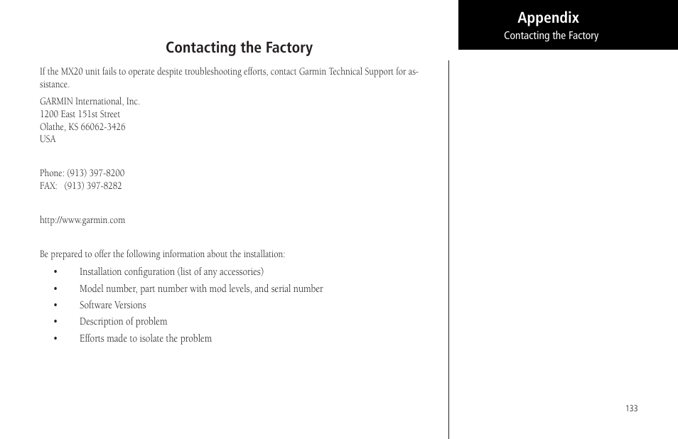 Contacting the factory, Appendix contacting the factory | Garmin MX20 User Manual | Page 145 / 152