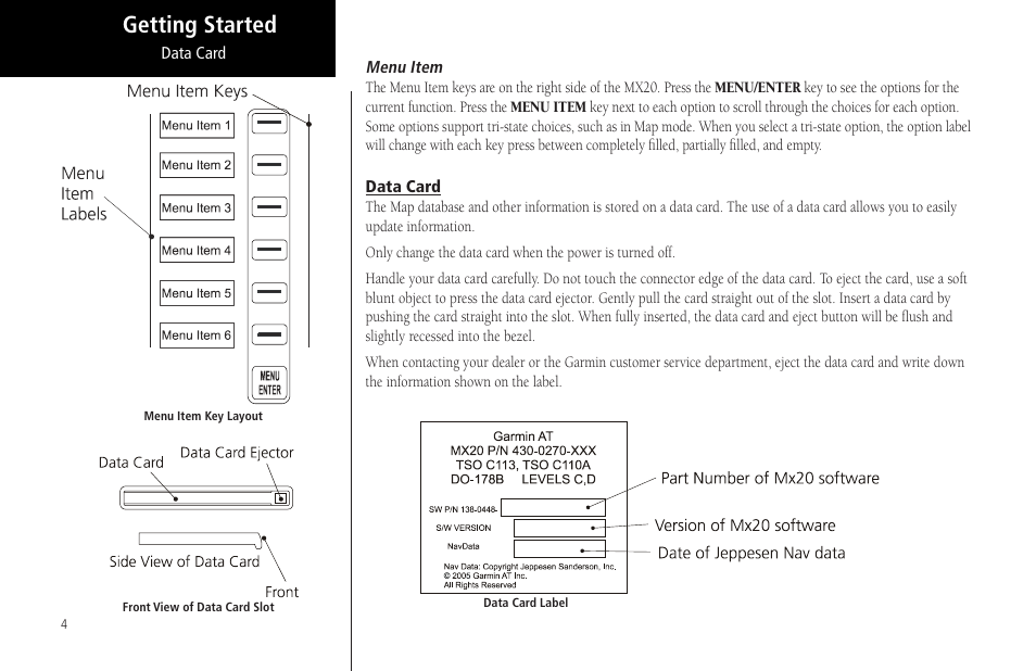 Menu item, Data card, Getting started | Garmin MX20 User Manual | Page 16 / 152