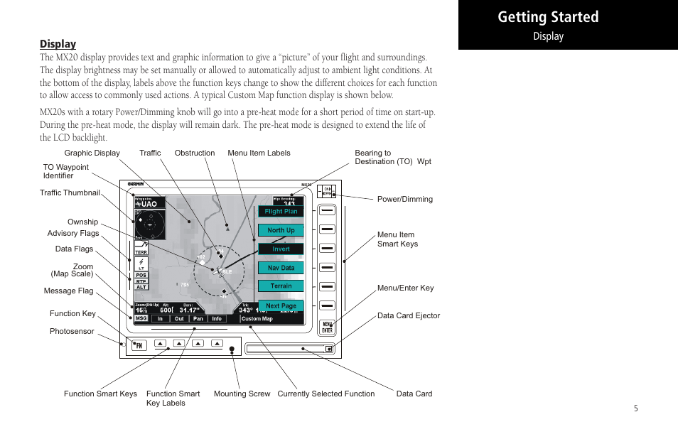 Display, Getting started | Garmin MX20 User Manual | Page 17 / 152