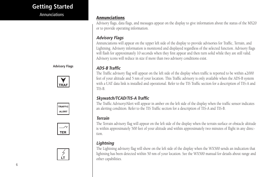 Annunciations, Advisory flags, Ads-b traffic | Skywatch/tcad/tis-a traffic, Terrain, Lightning, Getting started | Garmin MX20 User Manual | Page 18 / 152